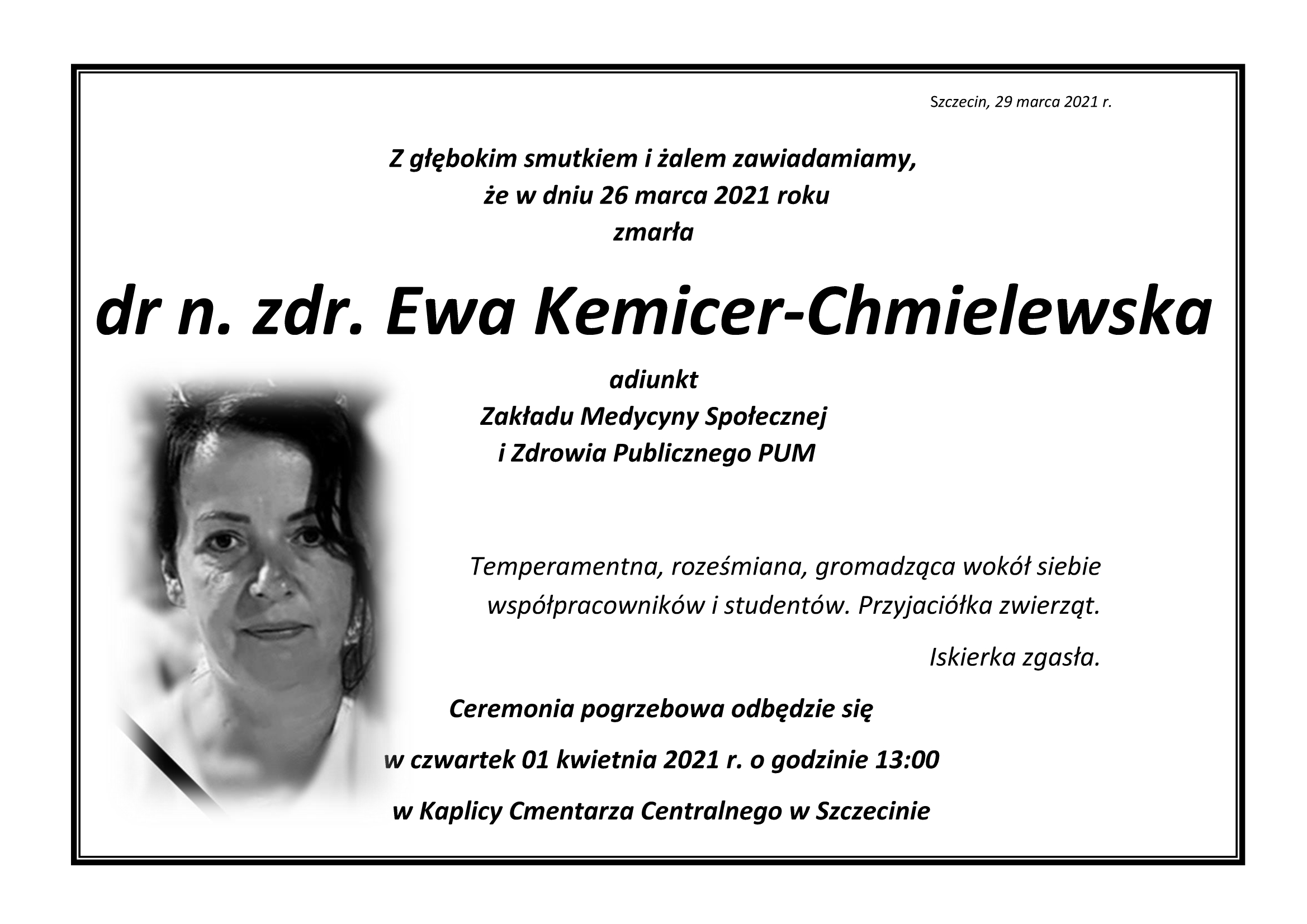 Dr n. zdr. Ewa Kemicer-Chmielewska - Jej iskierka zgasła