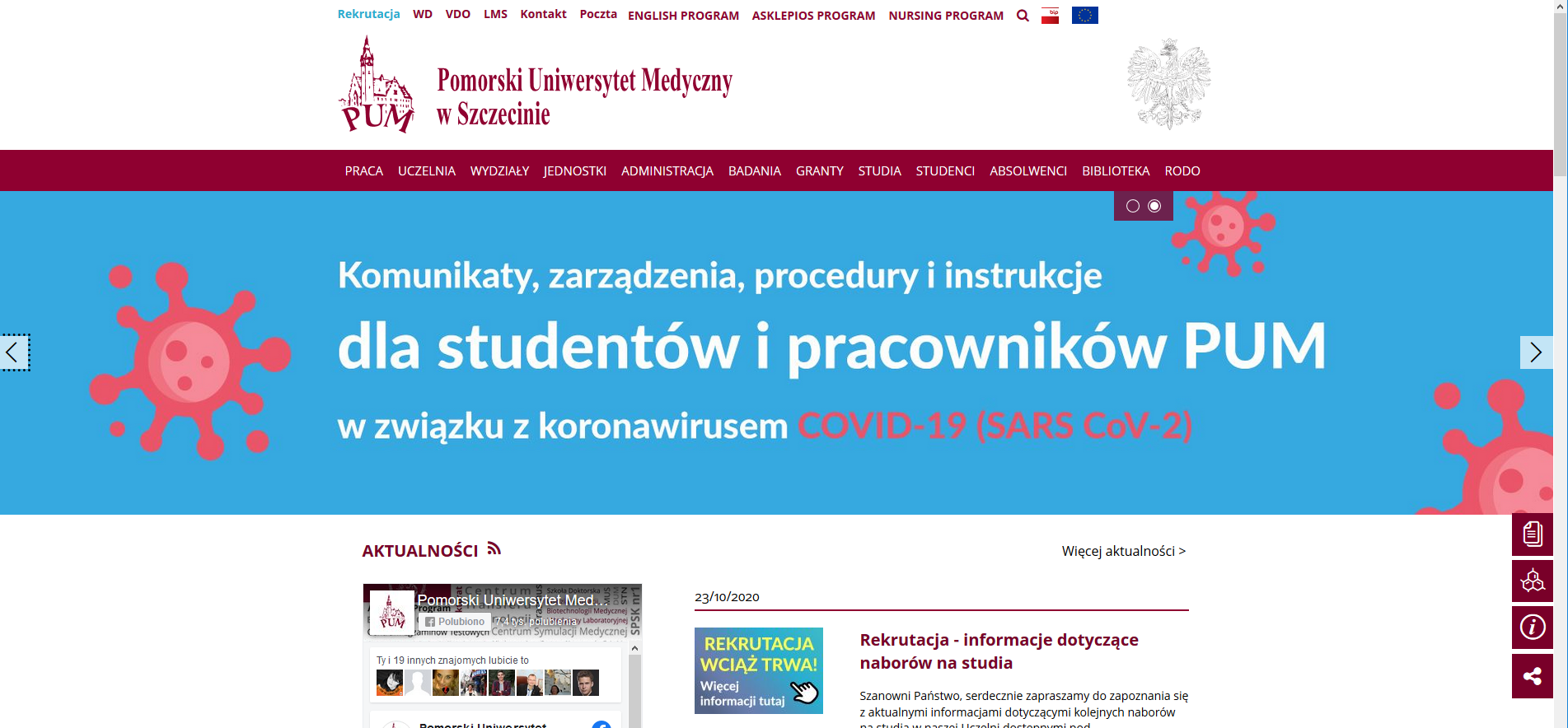 KOMUNIKATY, ZARZĄDZENIA, PROCEDURY I INSTRUKCJE dla studentów i pracowników PUM