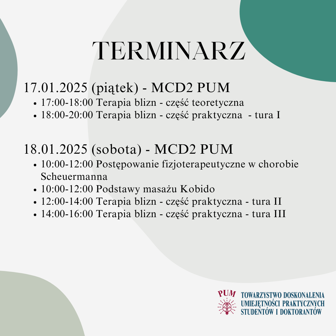 terminarz warsztatów przedstawiony w szaro zielonych barwach, w dolnym prawym rogu logo TDUPSiD