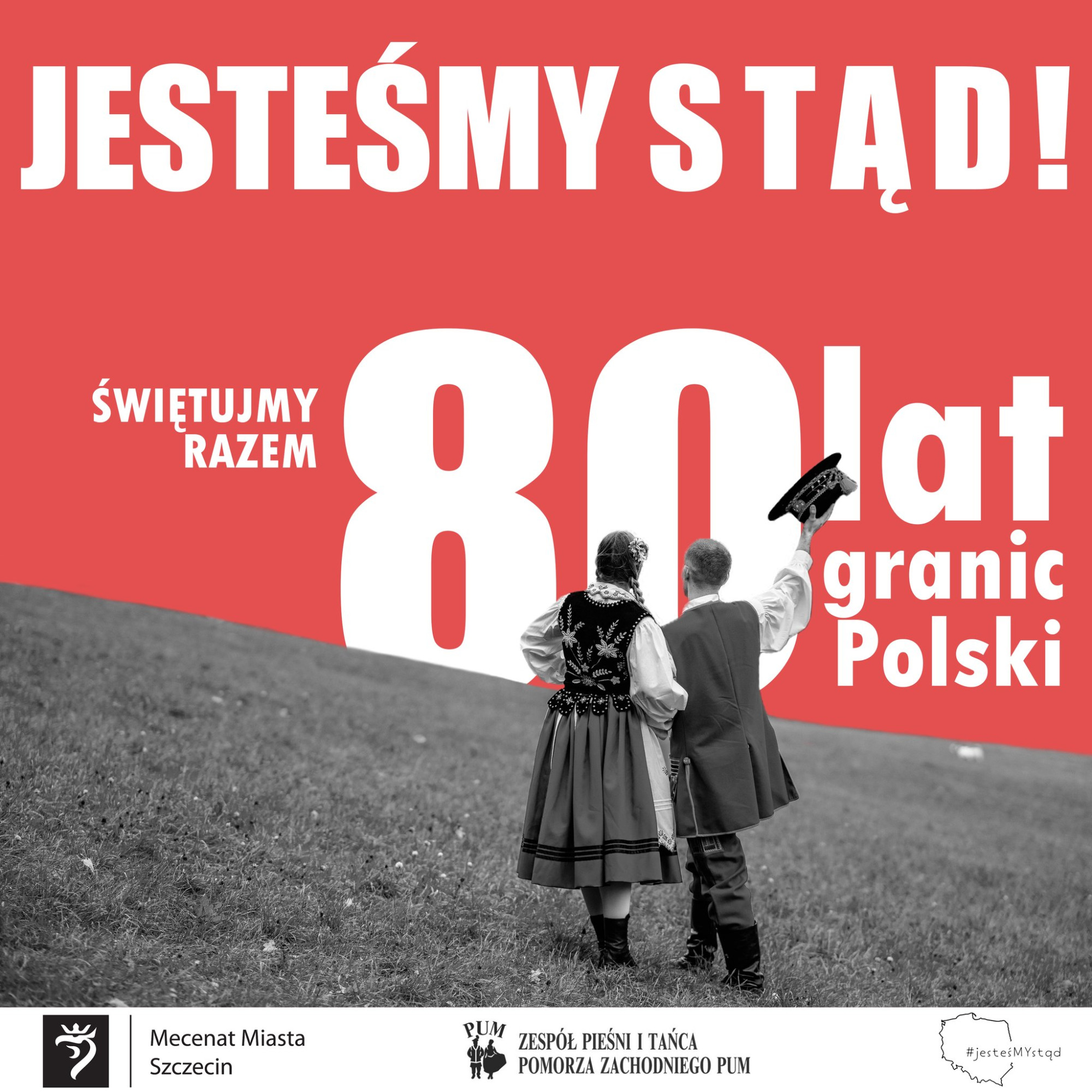 plakat promujący akcję Zespołu Pieśni i Tańca przedstawiający kobietę i mężczyznę w strojach ludowych patrzących na napis