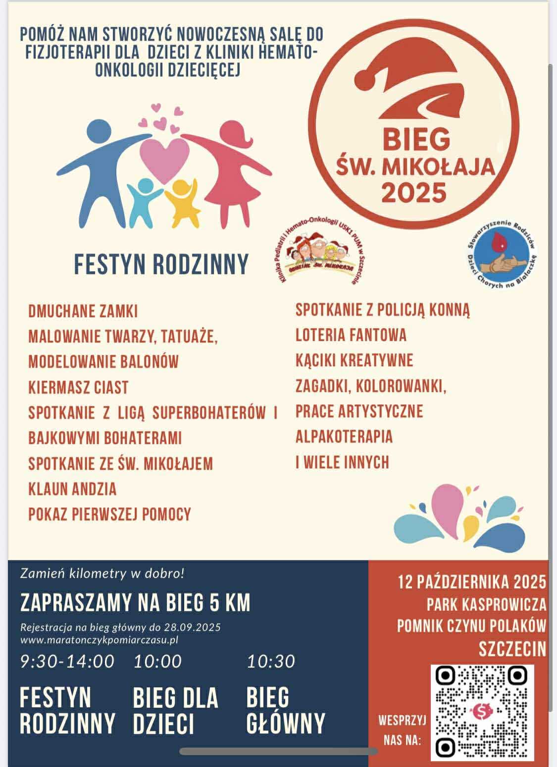 Plakat Biegu Św. Mikołaja 2025 w Szczecinie – 12 października, Park Kasprowicza. Bieg główny 5 km, bieg dla dzieci i festyn rodzinny.