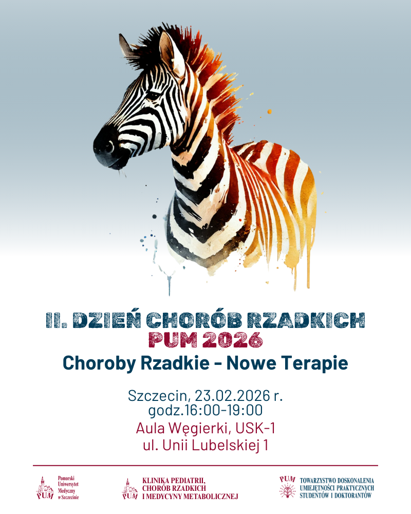 Grafika promująca Dzień Chorób Rzadkich PUM 2026 – stylizowana kolorowa zebra oraz napis „II PUM Dzień Chorób Rzadkich 2026. Choroby rzadkie – nowe terapie, Szczecin, 23.02.2026 r.”