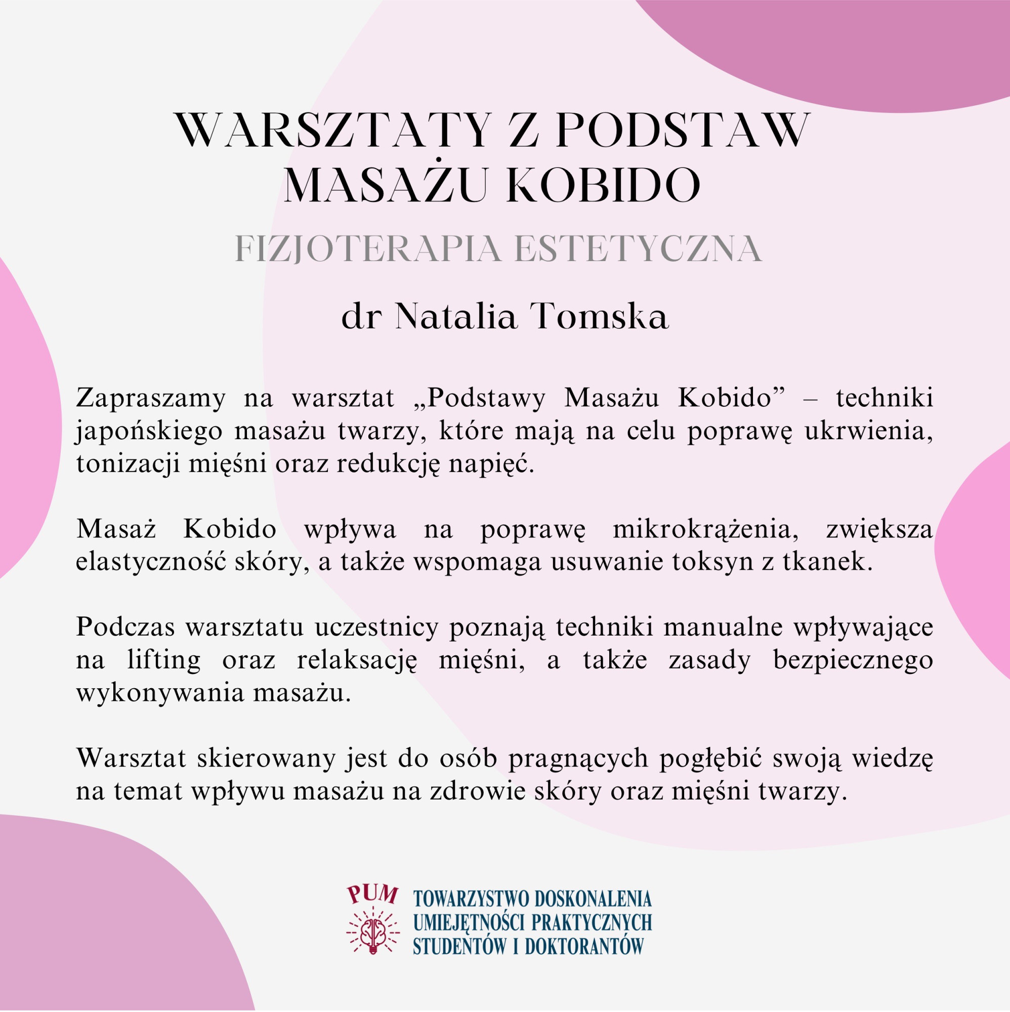 Informacje o warsztacie, w dolnym prawym rogu logo TDUPSiD, w różowo fioletowych barwach