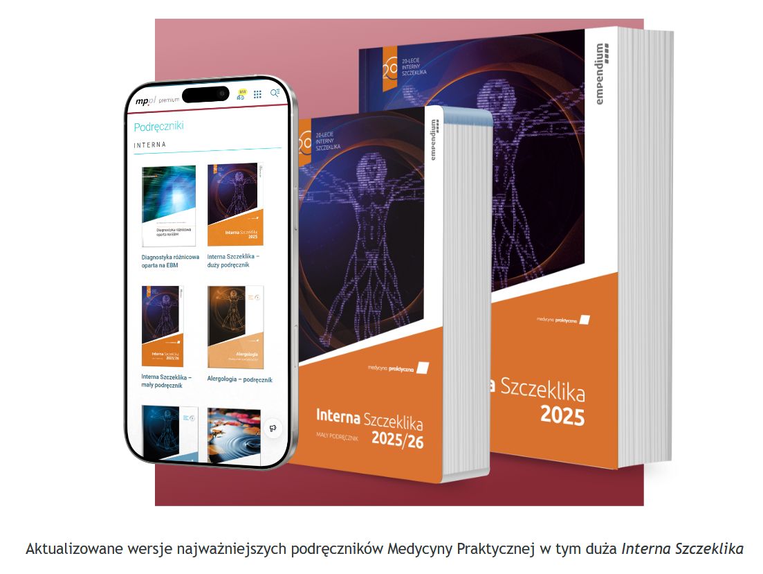 Grafika promocyjna podręczników medycznych, w tym „Interna Szczeklika 2025/26”, przedstawiająca książki oraz smartfon z aplikacją Mp.pl premium z dostępem do podręczników.