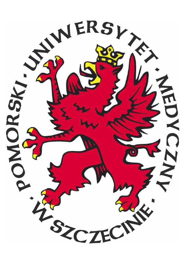 Logo Pomorski Uniwersytet Medyczny w Szczecinie, czerwony gryf w żółtej koronie