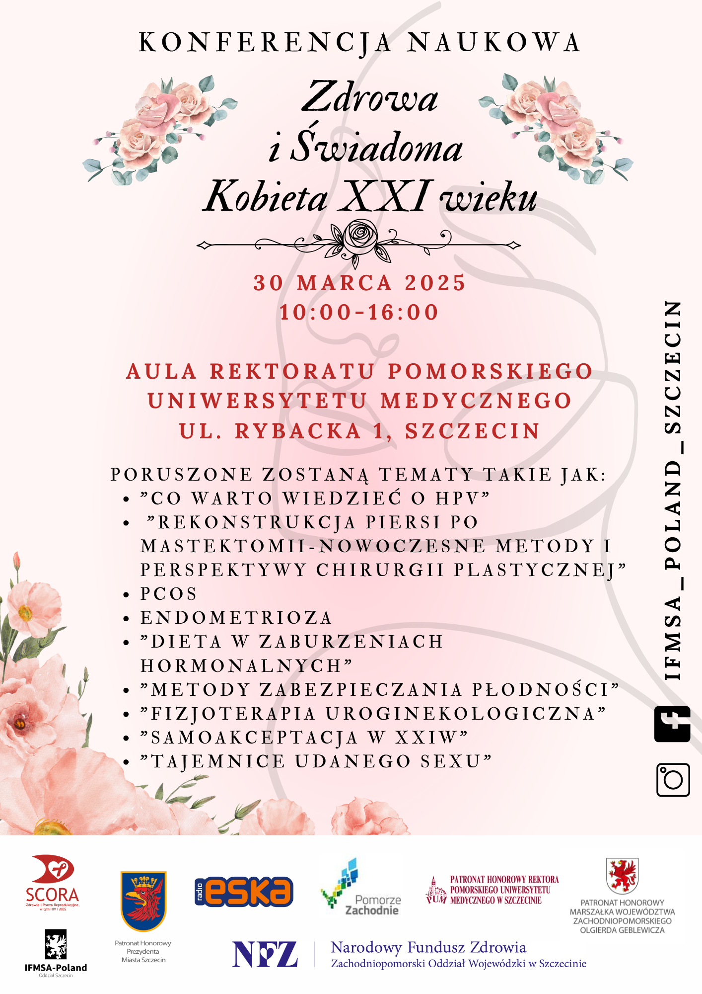 Grafika promująca konferencję, w różowo zielonych barwach z delikatnymi kwiatkami wkoło podanego planu konferencji