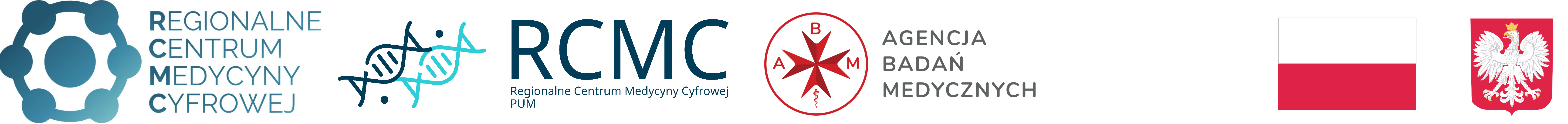 wspólny pasek z logo RCMC, Agencji Badań Medycznych, flaga Polski, godło Polski