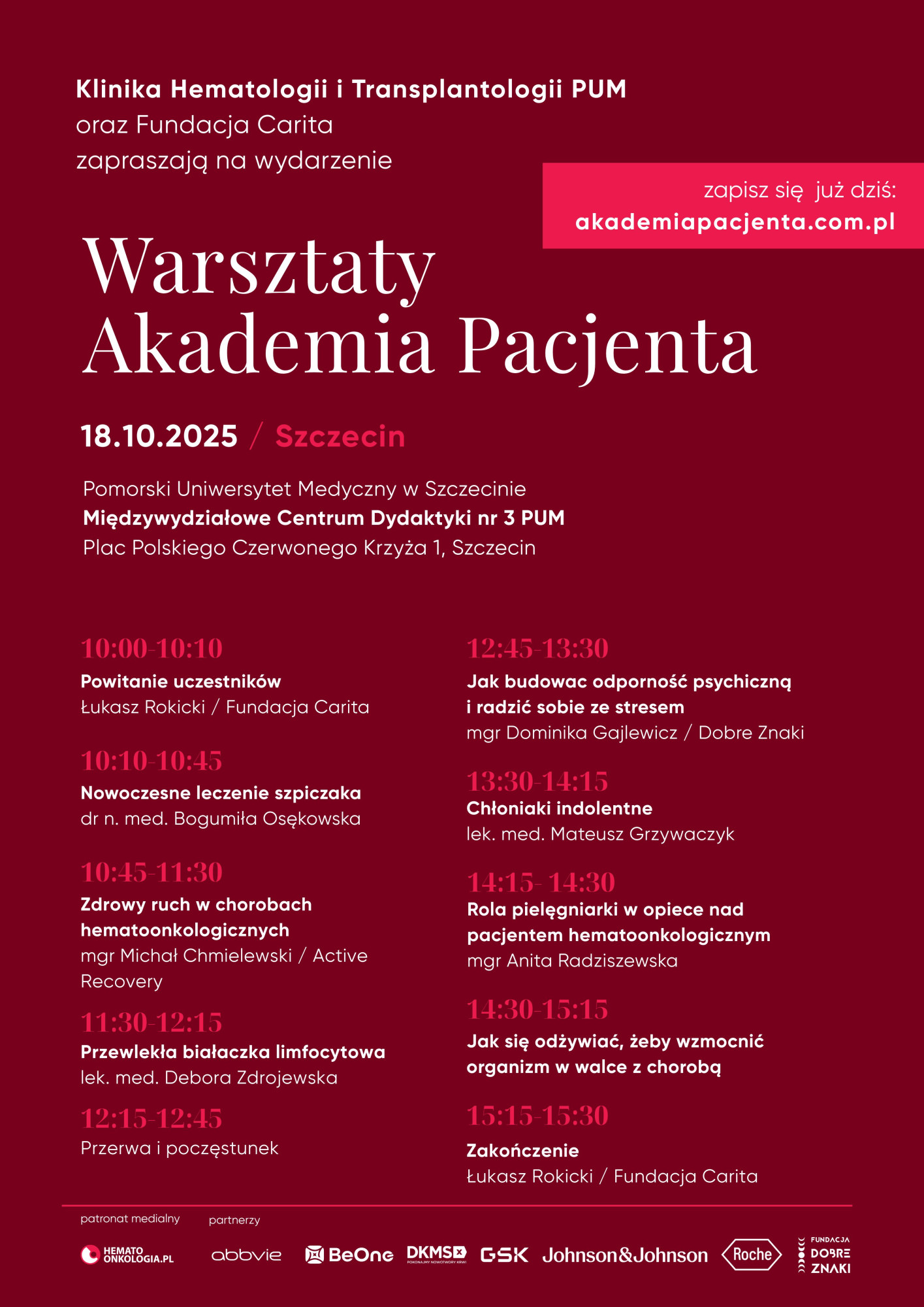 plakat z informacjami o warsztatach na bordowym tle