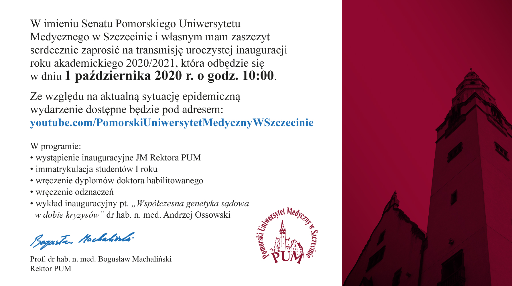 Inauguracja Roku Akademickiego 2020/2021 w PUM