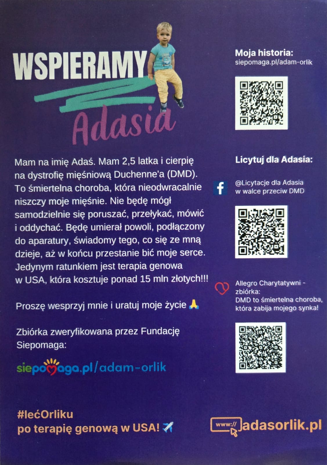 plakat z informacją o licytacji podczas wystawy dla potrzebującego dziecka, po prawej stronie kody QR, na dole logo siepomaga.pl