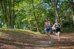 grupa biegnących osób w strojach sportowych w lesie