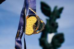 medal, w tle pomnik trzech orłów