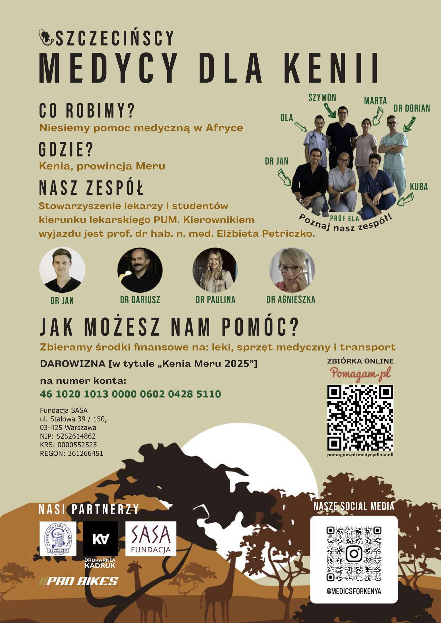 plakat promujący wyjazd do Kenii, ze zdjęciami i krótkim opisem składu zespołu, na dole kody QR odsyłające do zbiórki rzeczy potrzebnych na misję, loga partnerów misji