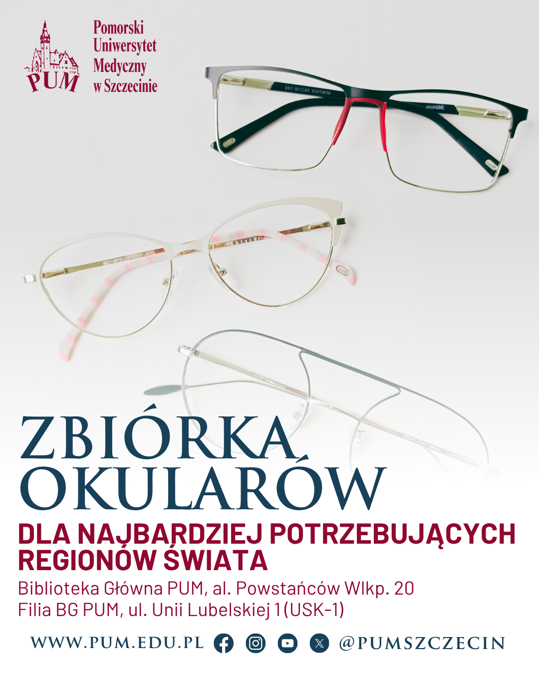 informuje o zbiórce okularów. 3 pary okularów korekcyjnych, na dole logo uczelni oraz adresy social mediów