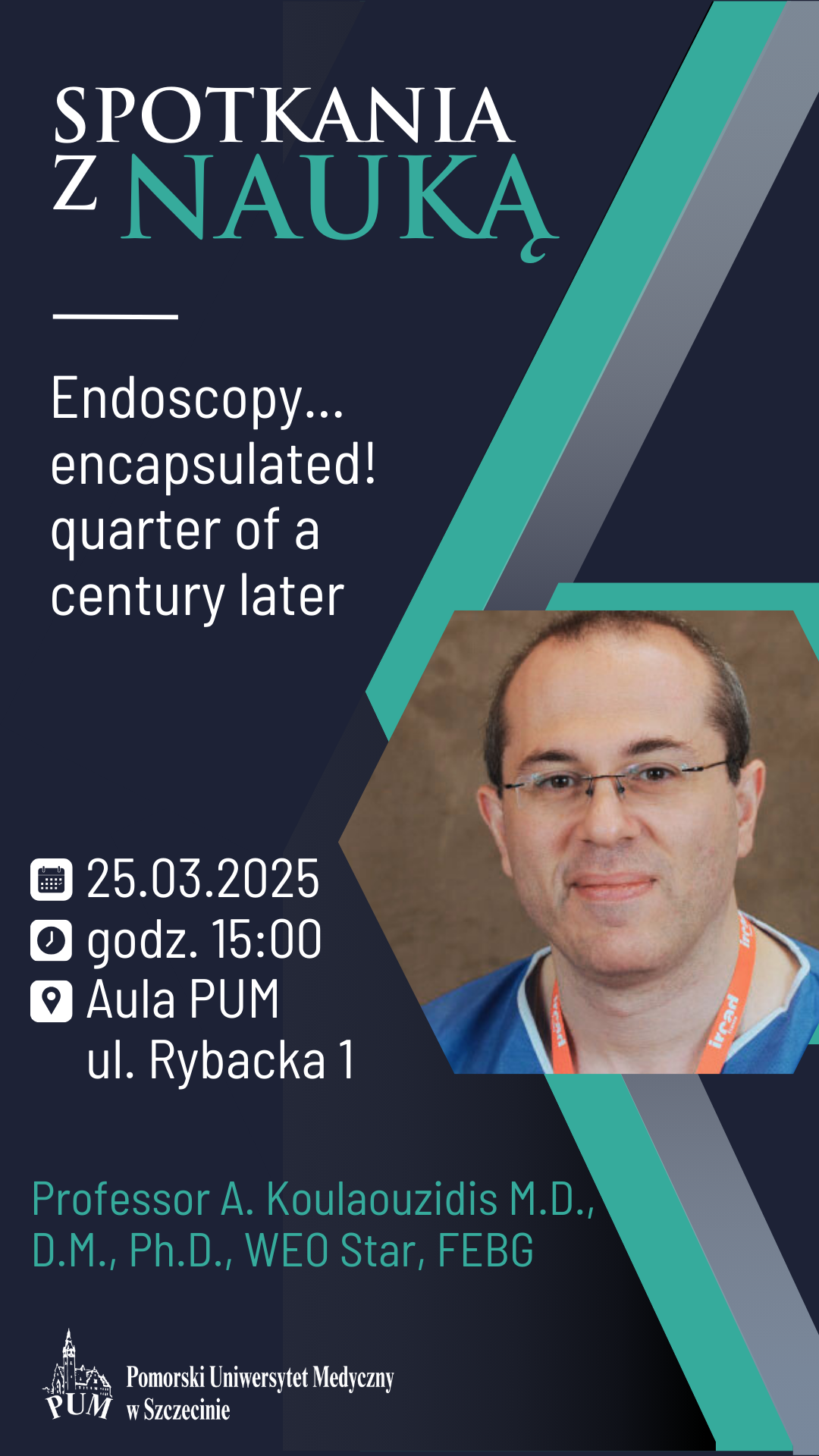 grafika w granatowo zielonych barwach, w prawym dolnym rogu zdjęcie prof., w lewym dolnym rogu logo PUM