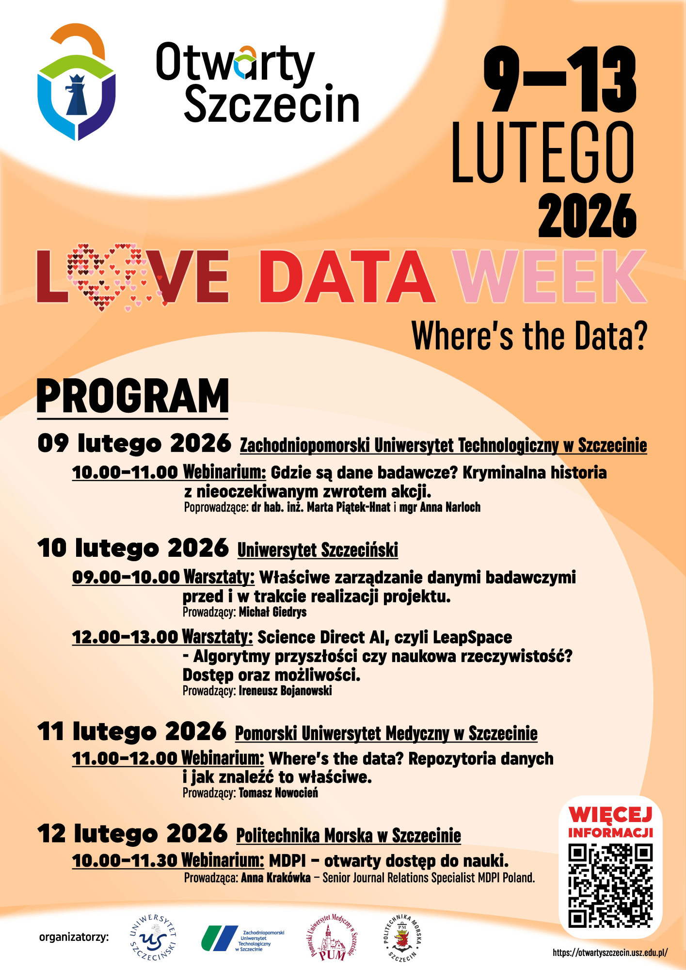 Plakat wydarzenia „Love Data Week – Where’s the Data?” w ramach Otwarty Szczecin, 9–13 lutego 2026, z programem webinariów i warsztatów organizowanych przez szczecińskie uczelnie oraz kodem QR do szczegółowych informacji