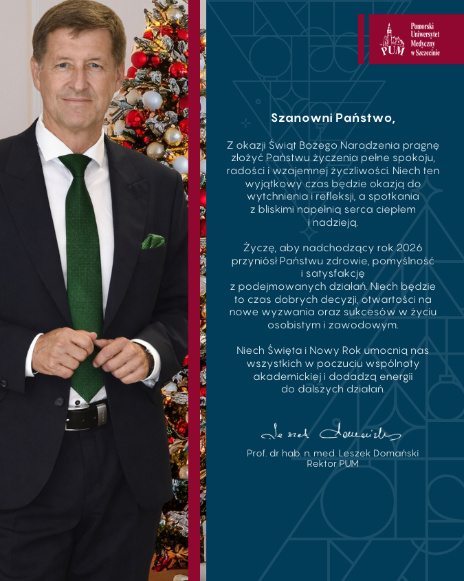Kartka świąteczna PUM z portretem rektora Leszka Domańskiego przy choince oraz tekstem życzeń bożonarodzeniowych i noworocznych