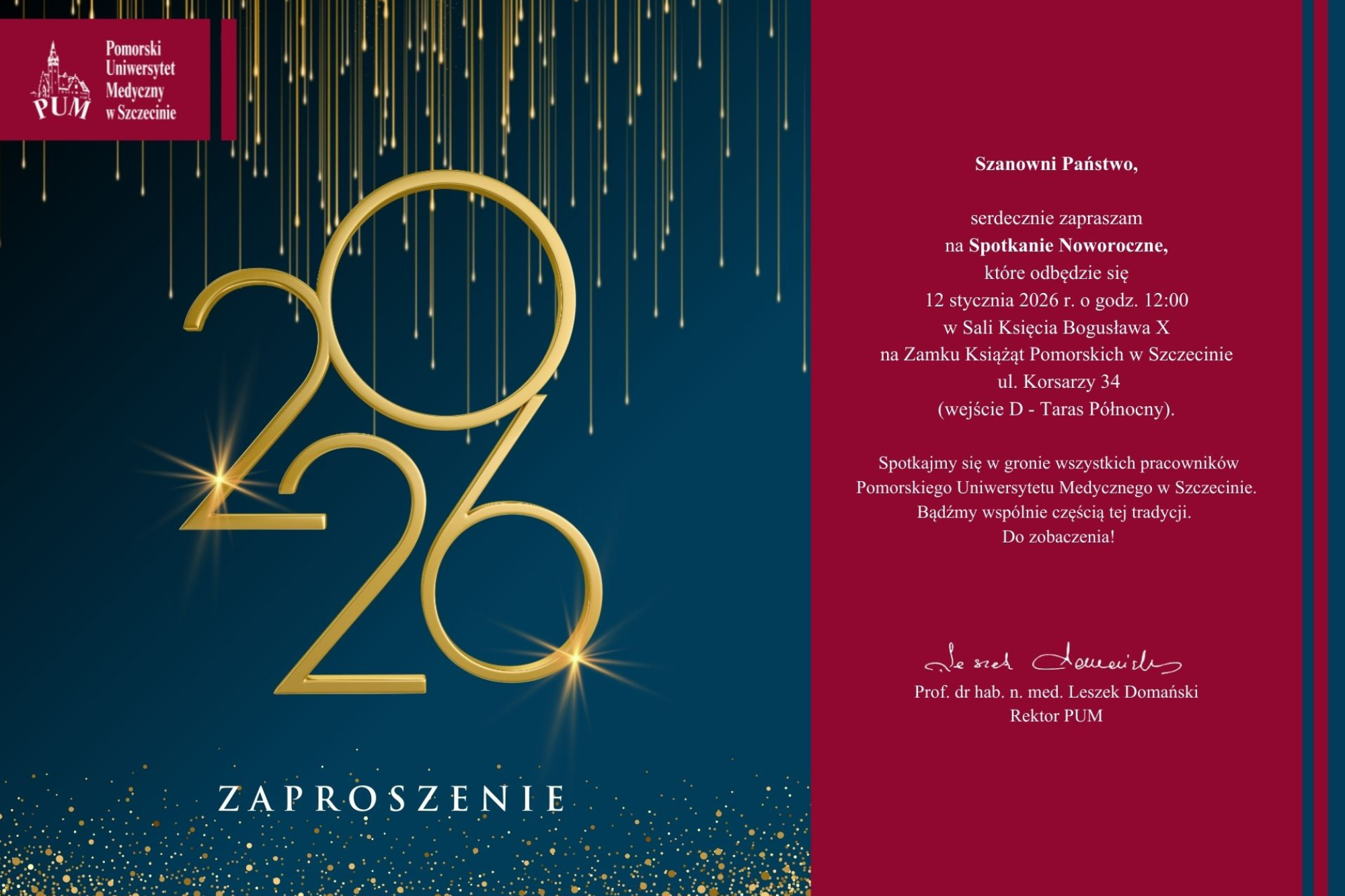 Zaproszenie PUM na Spotkanie Noworoczne 2026, z dużym złotym napisem 2026 oraz informacją o terminie i miejscu wydarzenia w Zamku Książąt Pomorskich w Szczecinie